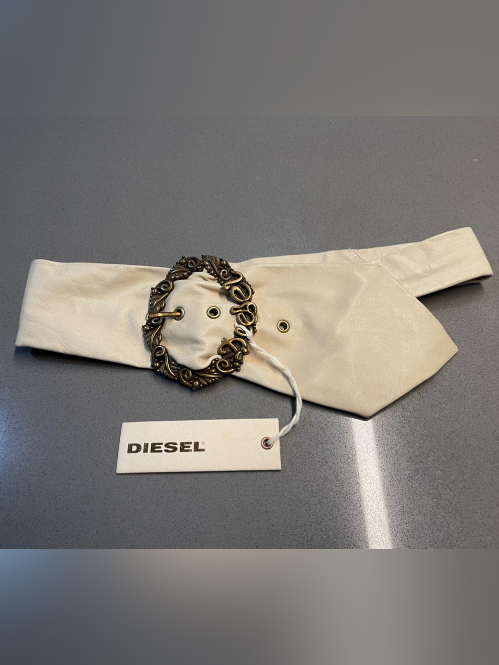 Diesel Cream Leather Waist Belt with Ornate Antique Gold Buckle Size 75